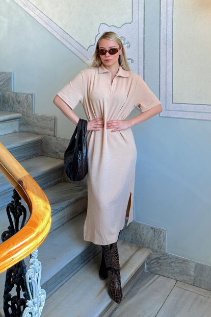 Vizon Jess Polo Yaka Çift Yırtmaçlı Relaxed Kadın Midi Elbise - 2
