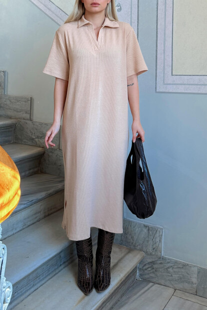Vizon Jess Polo Yaka Çift Yırtmaçlı Relaxed Kadın Midi Elbise - 5