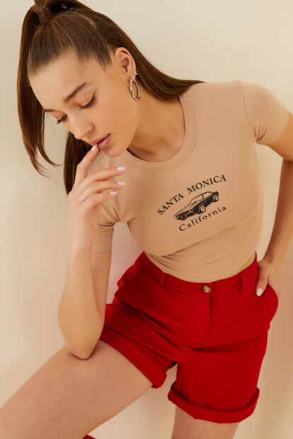 Vizon Santa Monica Baskılı Crop Tshirt 