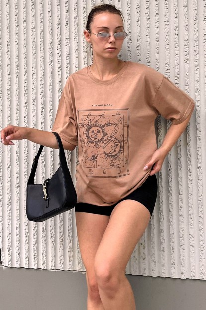 Vizon Sun And Moon Baskılı Oversize Kadın Tshirt - 1