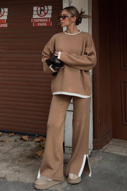 Vizon Uma İntersiye Çizgili Yırtmaçlı Oversize Kazak-Pantolon Kadın Triko Alt-Üst Takım - SWİST