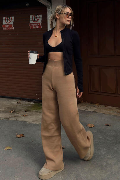 Vizon Yüksek Bel Beli Lastikli Kadın Triko Pantolon - SWİST