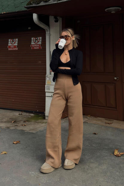 Vizon Yüksek Bel Beli Lastikli Kadın Triko Pantolon - SWİST (1)