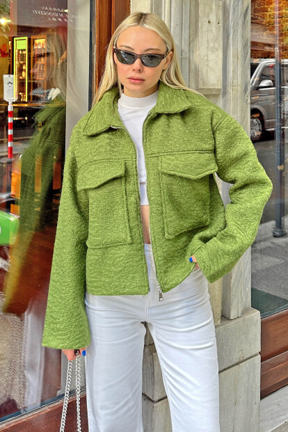 Yağ Yeşili Taylor Fermuarlı Gömlek Yaka Cep Detaylı Kadın Buklet Ceket 