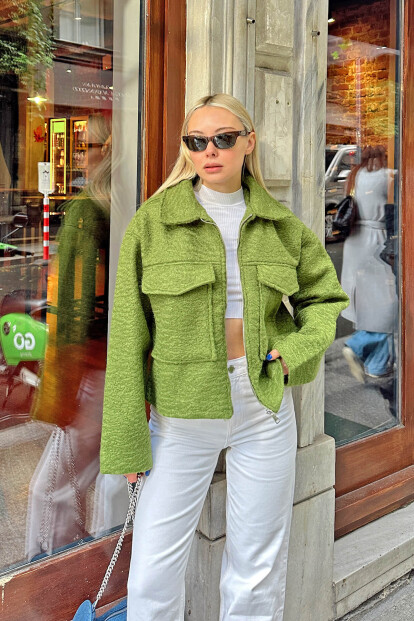 Yağ Yeşili Taylor Fermuarlı Gömlek Yaka Cep Detaylı Kadın Buklet Ceket - 3