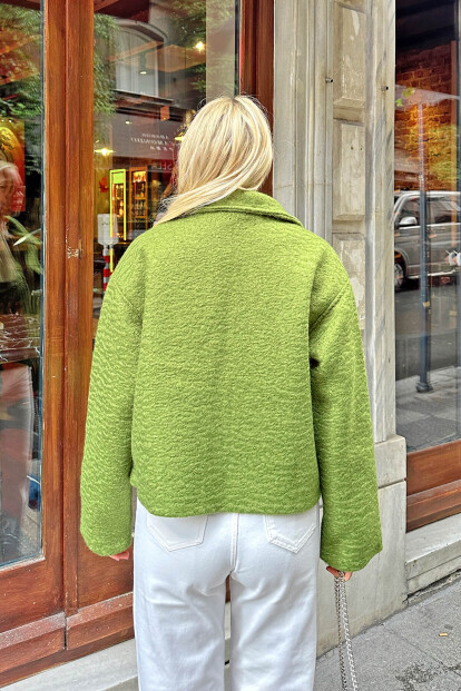 Yağ Yeşili Taylor Fermuarlı Gömlek Yaka Cep Detaylı Kadın Buklet Ceket - 5