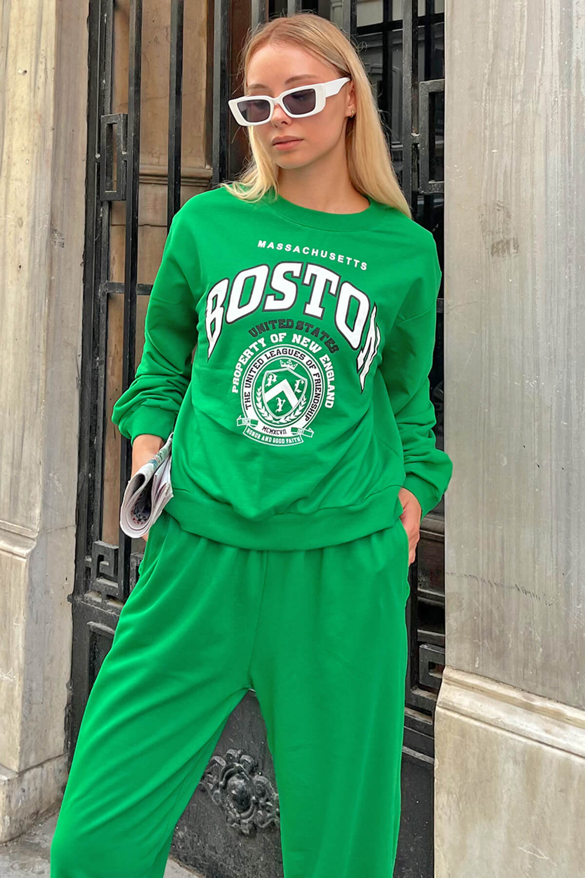 Yeşil Bstn Baskılı Kadın Crop Sweatshirt