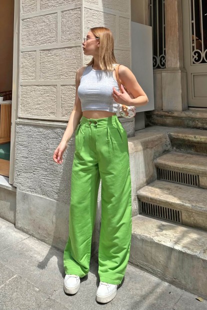 Yeşil Çift Düğmeli Yüksek Bel Kadın Palazzo Keten Pantolon - 2