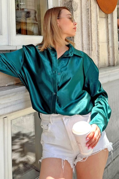 Yeşil Duble Manşet Detay Long Basic Saten Kadın Gömlek 