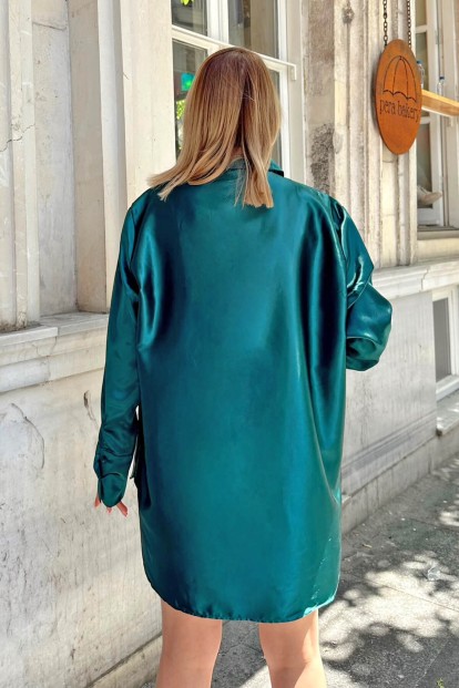 Yeşil Duble Manşet Detay Long Basic Saten Kadın Gömlek - 5