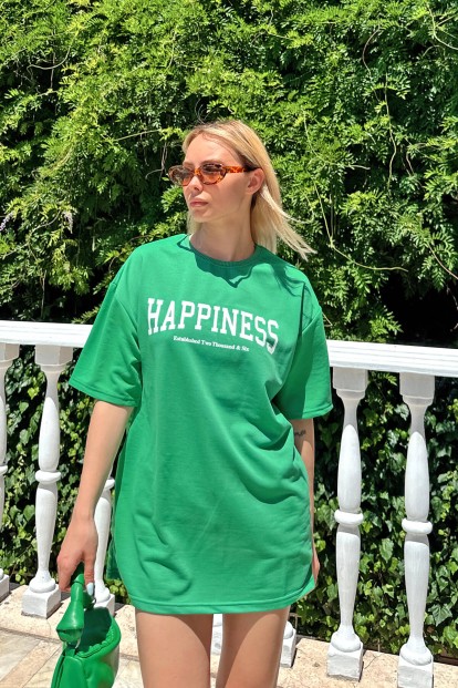 Yeşil Happiness Baskılı Oversize Kadın Tshirt - 2