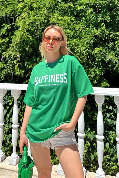 Yeşil Happiness Baskılı Oversize Kadın Tshirt - 3