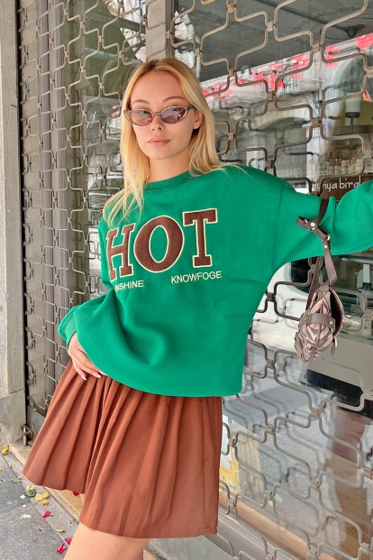 Yeşil Hot Nakışlı İçi Pamuklu Kadın Sweatshirt - 2