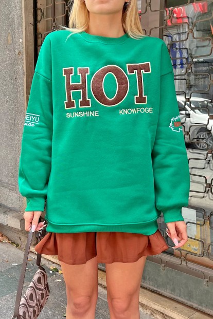 Yeşil Hot Nakışlı İçi Pamuklu Kadın Sweatshirt - 3