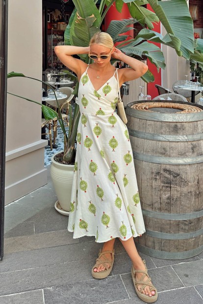 Yeşil İp Askılı Şablon Desen Kadın Keten Midi Elbise - 2