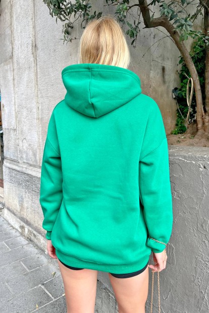 Yeşil Kapüşonlu İçi Pamuklu Kadın Basic Sweatshirt - 5