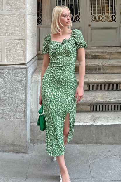 Yeşil Karpuz Kol Çıtır Çiçek Desenli Yırtmaçlı Kadın Midi Elbise 