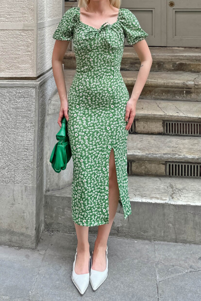 Yeşil Karpuz Kol Çıtır Çiçek Desenli Yırtmaçlı Kadın Midi Elbise - 4