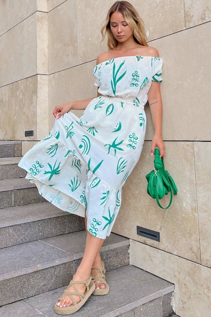Yeşil Keten Karpuz Kol Çiçek Desenli Kadın Elbise - 3