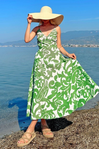 Yeşil Kruvaze Yaka Desenli Kadın Keten Midi Elbise 