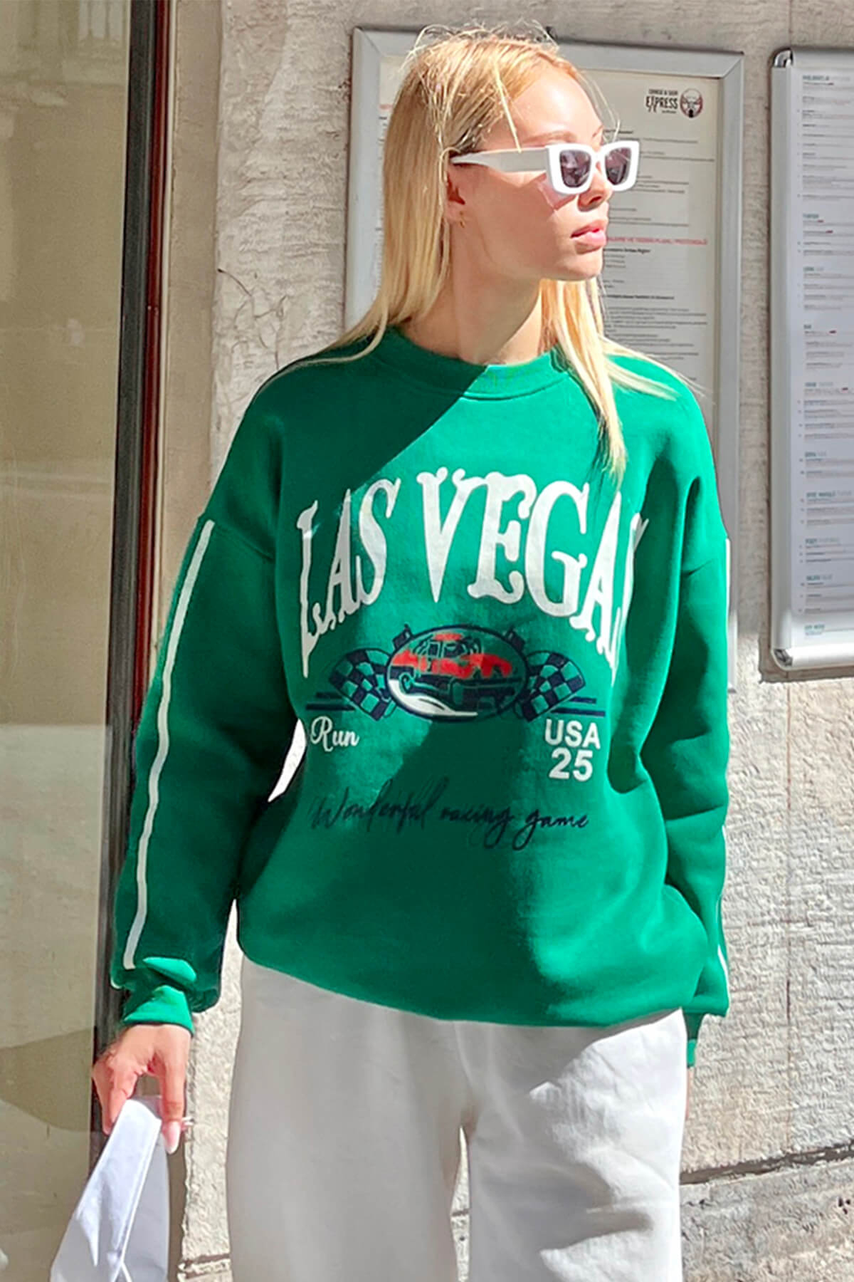 Yeşil Las Vgs Baskılı İçi Pamuklu Kadın Sweatshirt