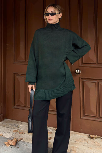 Yeşil Manşet Detaylı Yarım Balıkçı Kadın Triko Kazak - SWİST