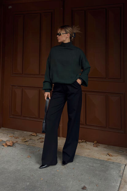 Yeşil Manşet Detaylı Yarım Balıkçı Kadın Triko Kazak - SWİST (1)