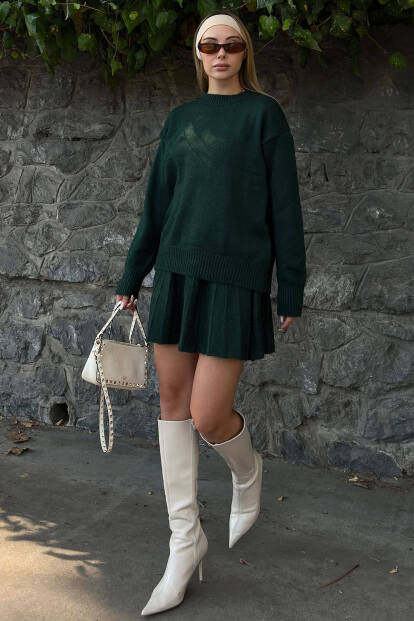 Yeşil Paloma Piliseli Etek-Bisiklet Yaka Kazak Kadın Triko Alt Üst Takım - SWİST