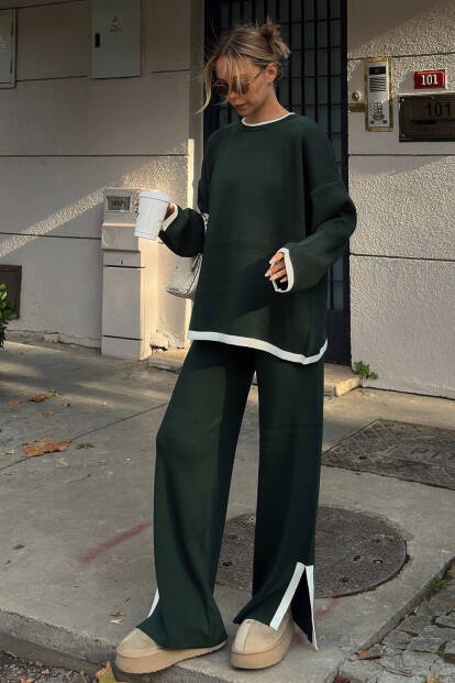 Yeşil Uma İntersiye Çizgili Yırtmaçlı Oversize Kazak-Pantolon Kadın Triko Alt-Üst Takım - SWİST