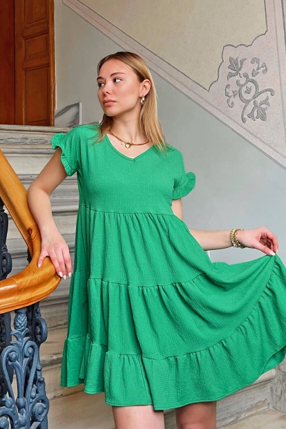 Yeşil V Yaka Kat Kat Kadın Mini Elbise - 2