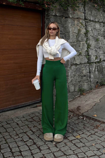 Yeşil Yüksek Bel Beli Lastikli Kadın Triko Pantolon - SWİST (1)