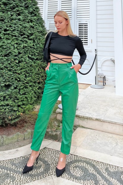 Yeşil Yüksek Bel Suni Deri Kadın Havuç Pantolon - 2