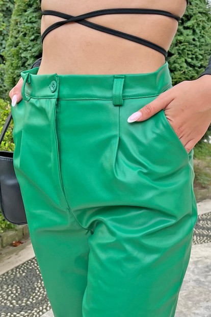 Yeşil Yüksek Bel Suni Deri Kadın Havuç Pantolon - 5